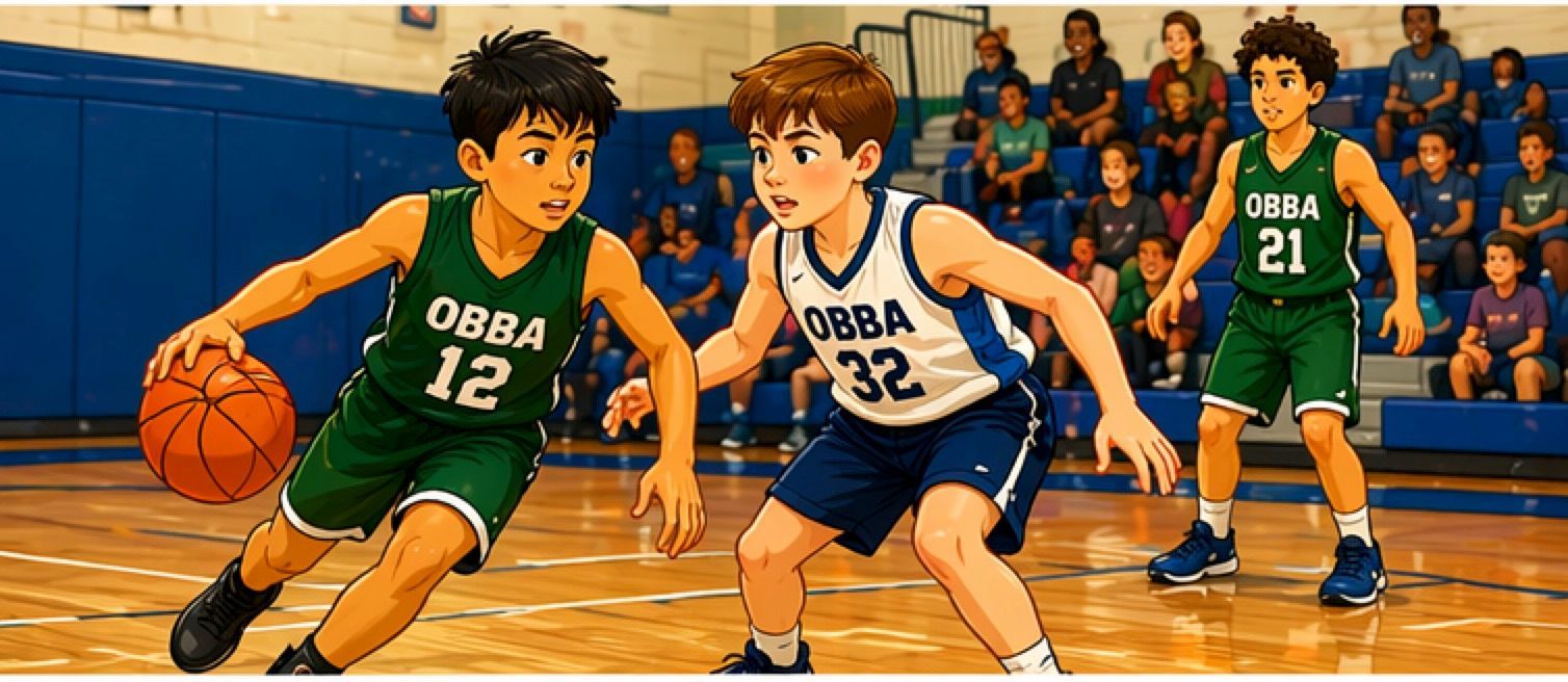 Youth basketball game with two players dribbling on a gym court, others and a hoop in the background