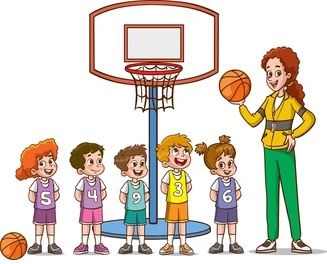 Children and a coach holding basketballs on a court under a hoop