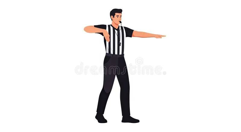 Referee in black-and-white uniform pointing to the right with one arm extended