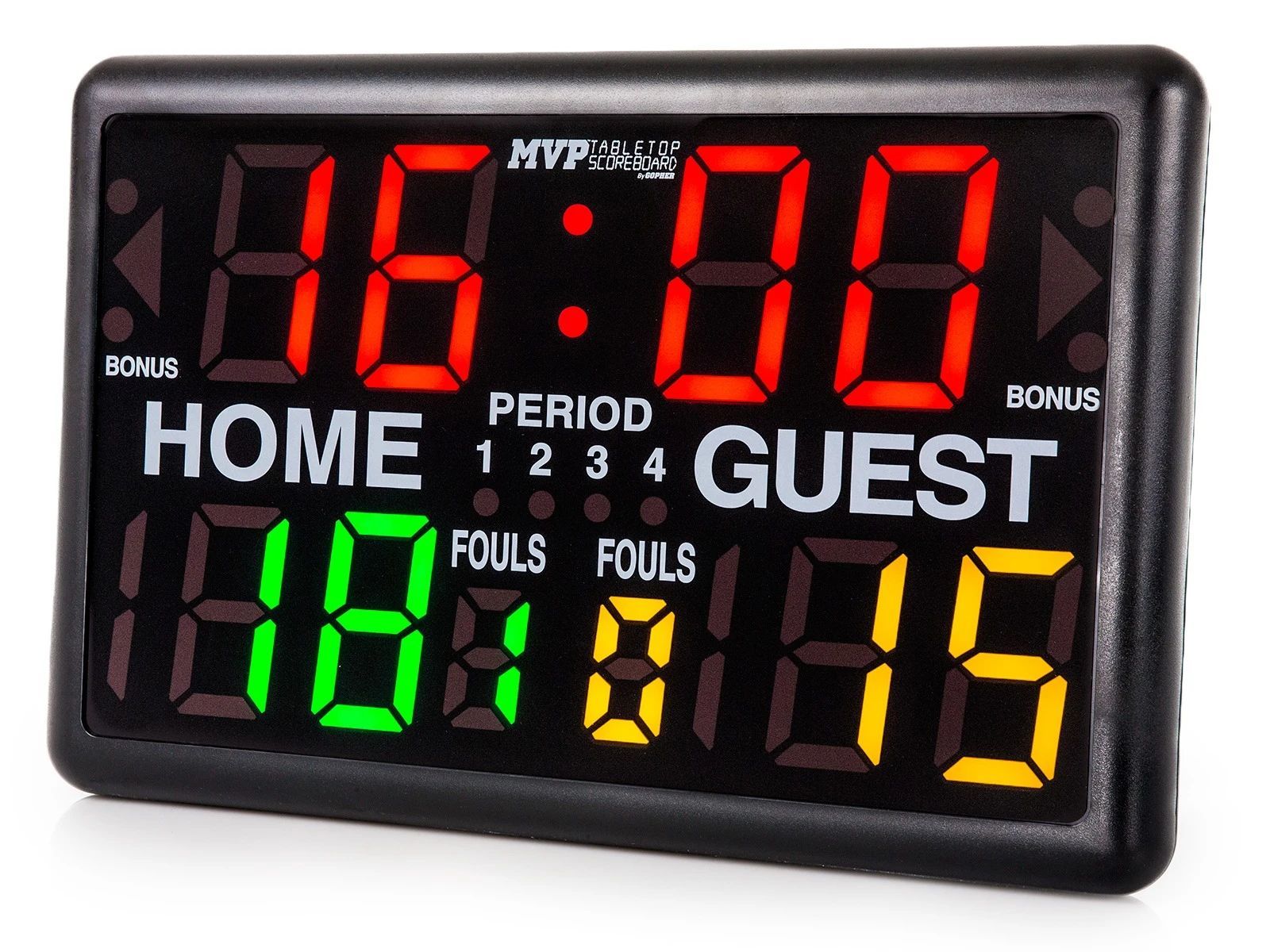 Black digital sports scoreboard showing 16:00, home 18, guest 15, period 2, and fouls.