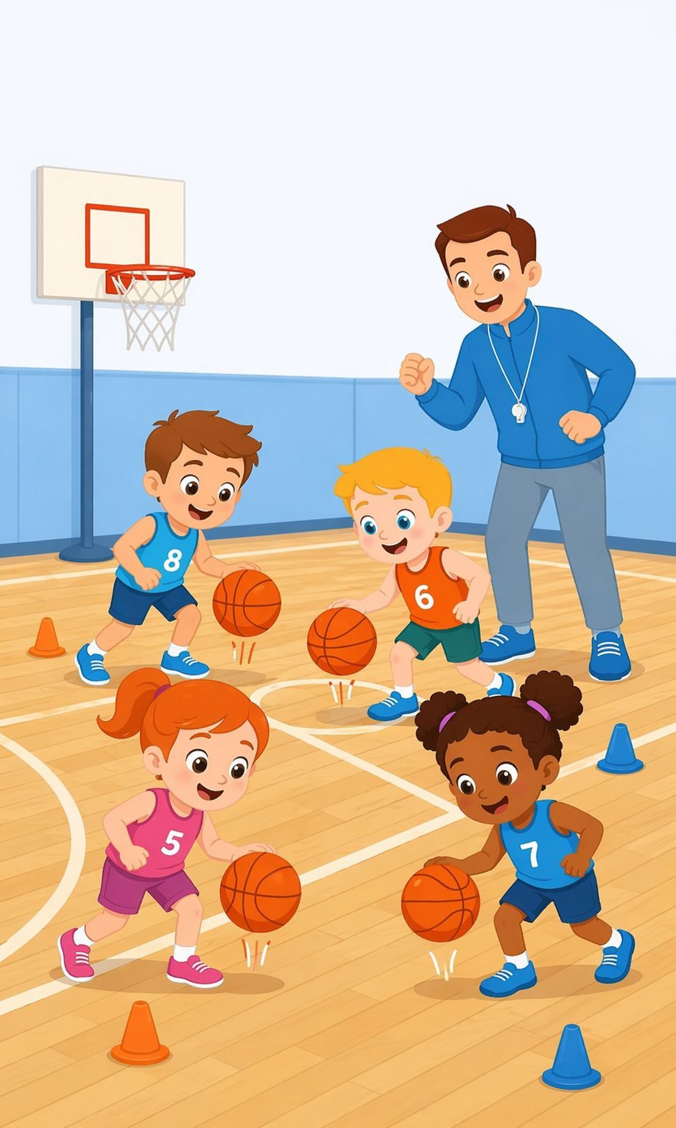 Kids dribbling basketballs in a gym while a coach watches nearby