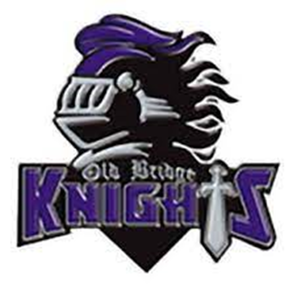 Old Bridge Knights logo with a black-and-purple knight helmet and sword on a dark background