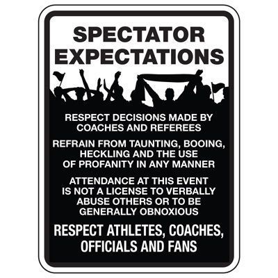 Black-and-white spectator expectations sign with rules for respectful behavior at sports events