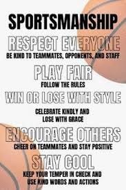 Sportsmanship poster with bold text on black, tan, and pink background promoting respect, fair play, and positivity