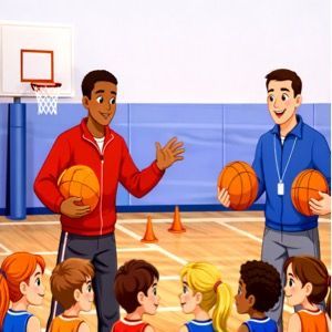 Basketball coach speaking to a group of children in a gym, holding balls near a hoop and cones.