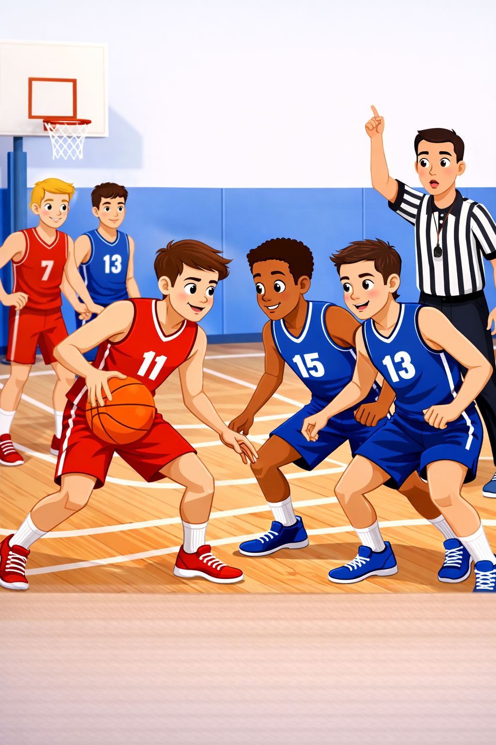 Basketball game with players in red and blue jerseys contesting the ball near the hoop