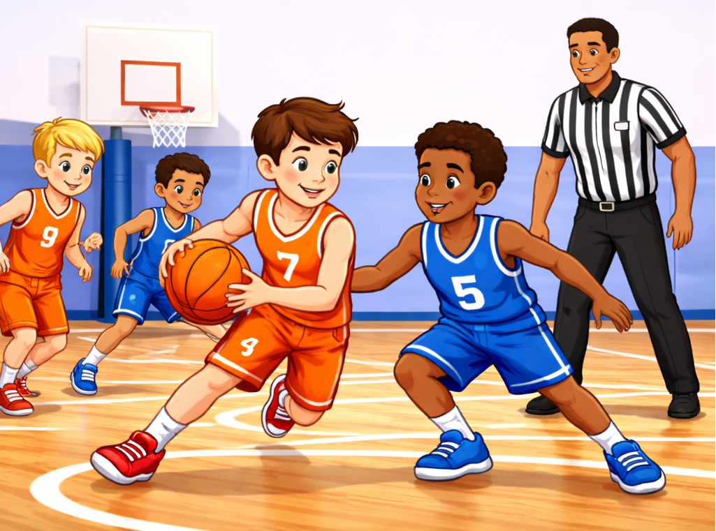 Kids playing basketball in a gym, with one in orange dribbling and one in blue defending.