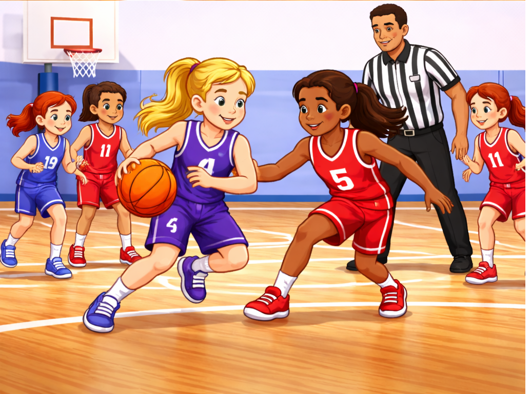 Kids playing basketball in a gym, with two players dribbling and a referee watching.
