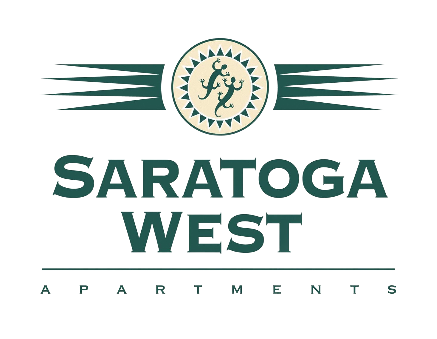 Saratoga West Apartments logo. Green text and accents, a circular emblem with lizards.