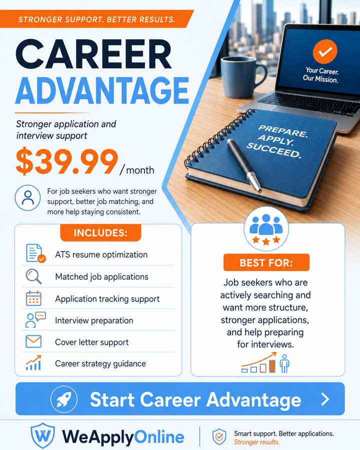 Career Advantage ad with laptop, phone, and marketing bullet points promoting support services for $39.99/month Career Advantage ad with laptop, phone, and marketing bullet points promoting support services for $39.99/month