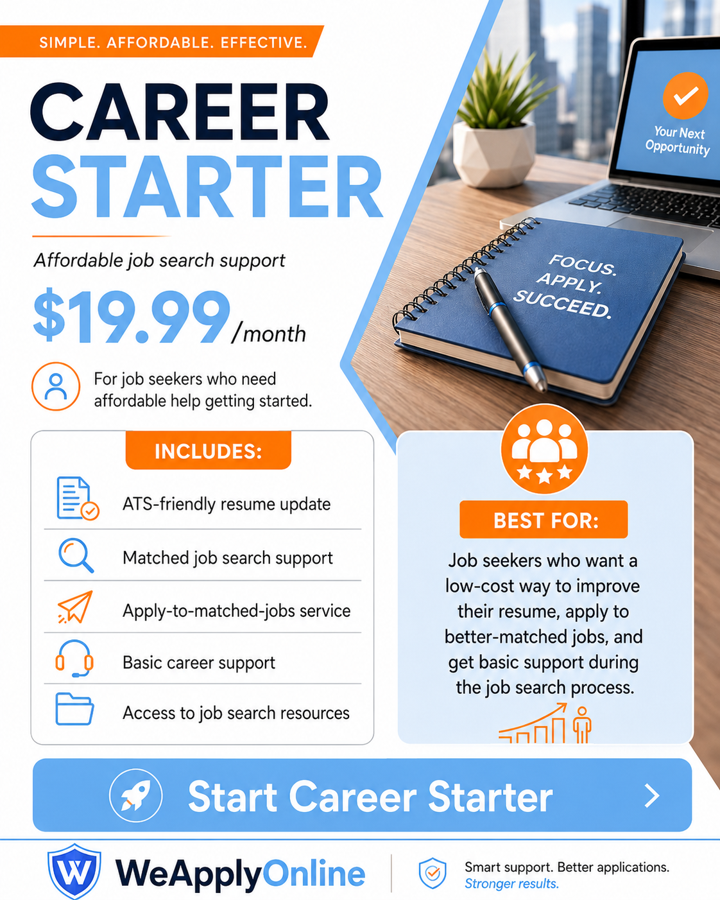 Career Starter ad with laptop and notepad, offering job search support for $19.99/month Career Starter ad with laptop and notepad, offering job search support for $19.99/month
