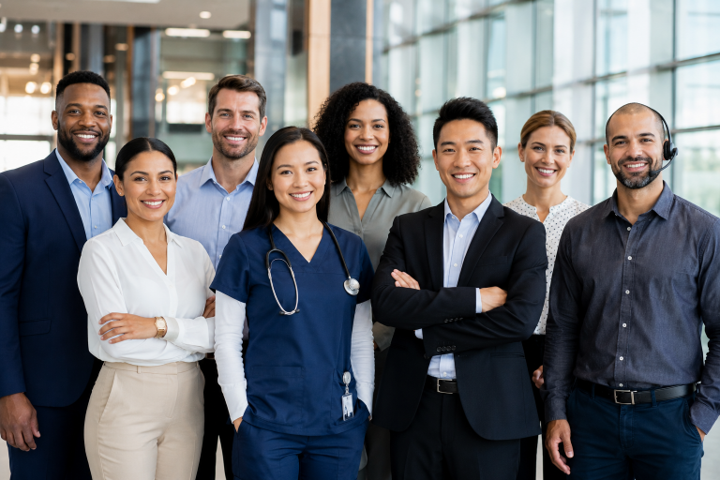 A smiling team of eight professionals standing together in a modern office lobby