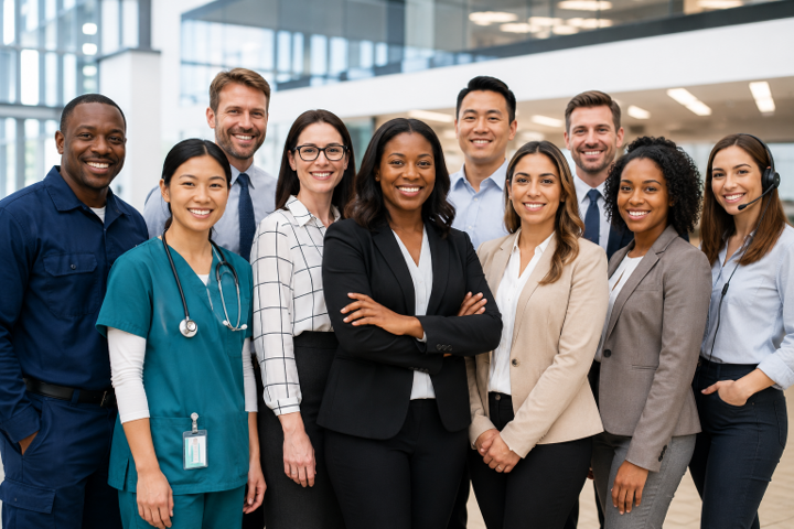 Team of healthcare professionals standing together in a bright hospital lobby, smiling at the camera