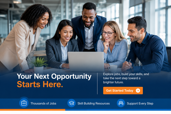 Team of coworkers gathered around a laptop beside “Your Next Opportunity Starts Here” job ad Team of coworkers gathered around a laptop beside “Your Next Opportunity Starts Here” job ad
