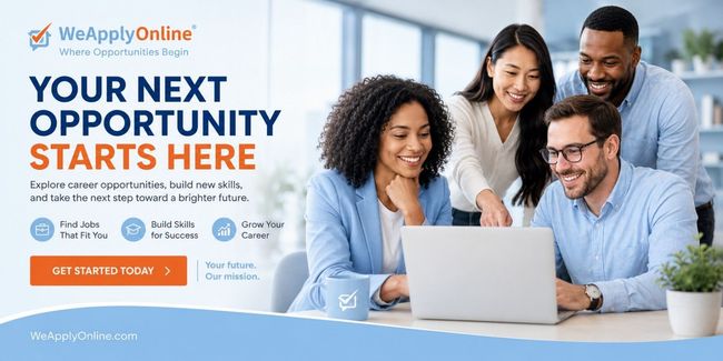 WeApplyOnline banner with smiling coworkers around a laptop and “Your next opportunity starts here” text WeApplyOnline banner with smiling coworkers around a laptop and “Your next opportunity starts here” text
