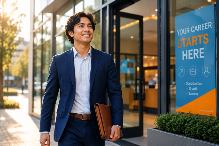 Man in navy suit carrying a folder outside a glass office building with a “Your career starts here” sign Man in navy suit carrying a folder outside a glass office building with a “Your career starts here” sign
