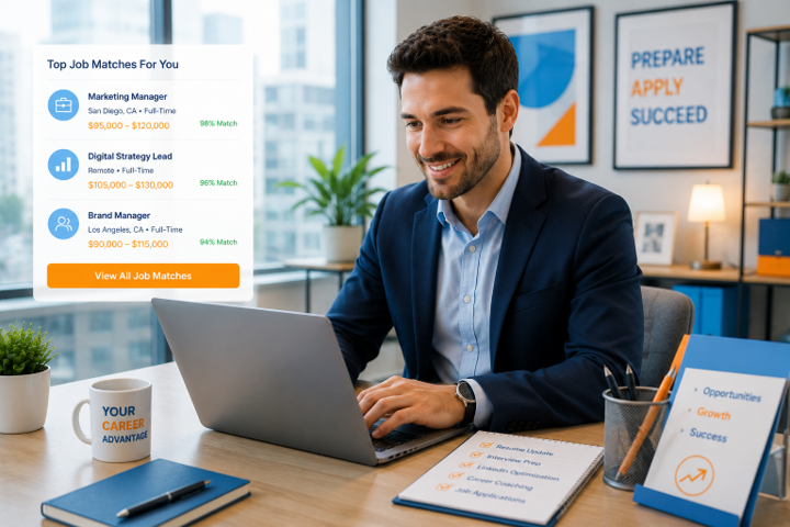 Businessman smiling at laptop in an office with a job search app display and desk materials Businessman smiling at laptop in an office with a job search app display and desk materials