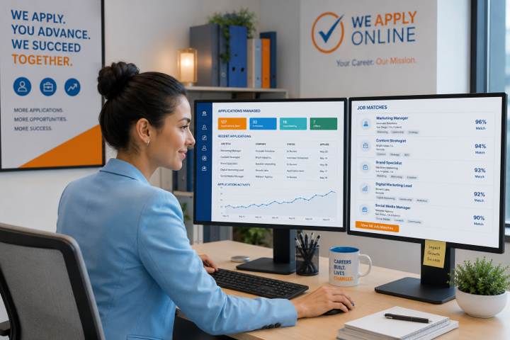 Person seated at a desk reviewing job application screens in a modern office Person seated at a desk reviewing job application screens in a modern office