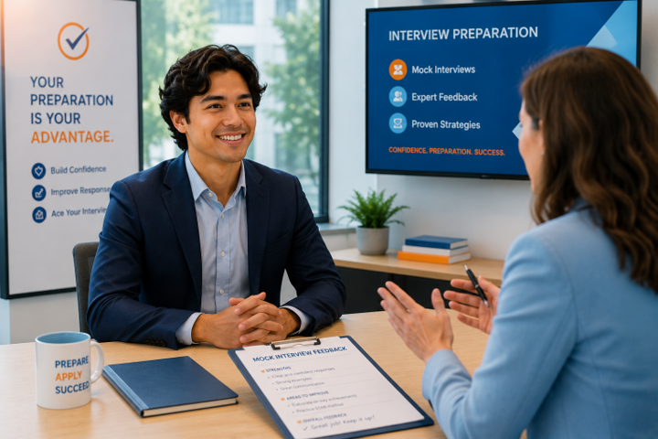 Interview coaching session in a bright office, with two people talking beside an “Interview Preparation” screen. Interview coaching session in a bright office, with two people talking beside an “Interview Preparation” screen.