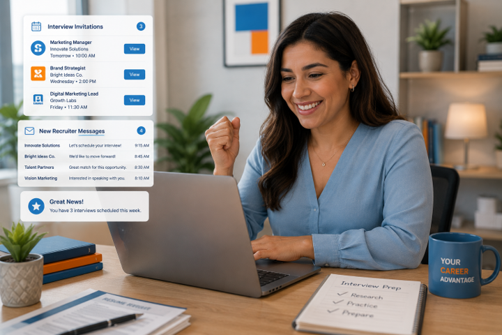 Woman smiling at a laptop in a bright home office, with an on-screen list of software updates. Woman smiling at a laptop in a bright home office, with an on-screen list of software updates.