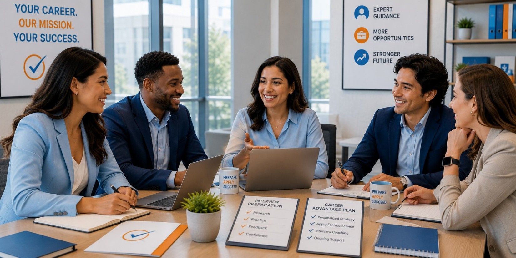 Team meeting around a laptop in a bright office, with charts and documents on the table. Team meeting around a laptop in a bright office, with charts and documents on the table.