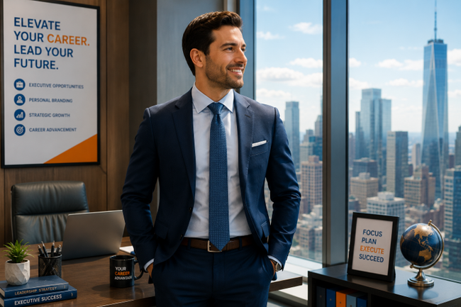 Man in navy suit stands in a modern office with skyline view and a “Elevate Your Career” poster.