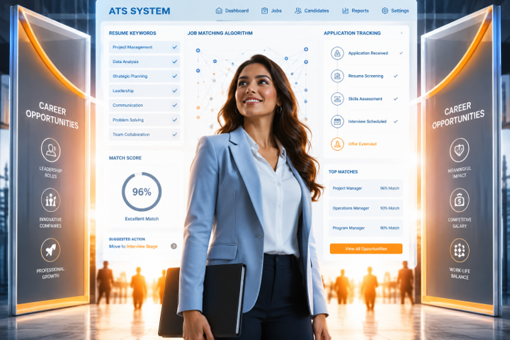 Woman in a blue blazer standing in front of a glowing ATS system dashboard display Woman in a blue blazer standing in front of a glowing ATS system dashboard display
