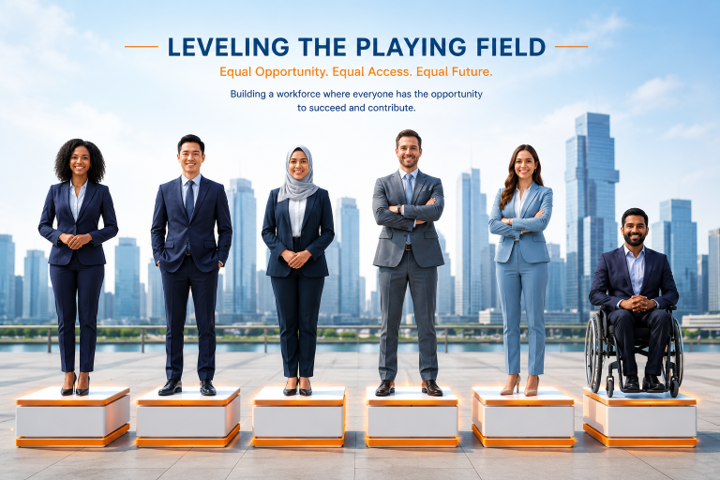 Business professionals on podiums under the title “Leveling the Playing Field” in a cityscape setting Business professionals on podiums under the title “Leveling the Playing Field” in a cityscape setting