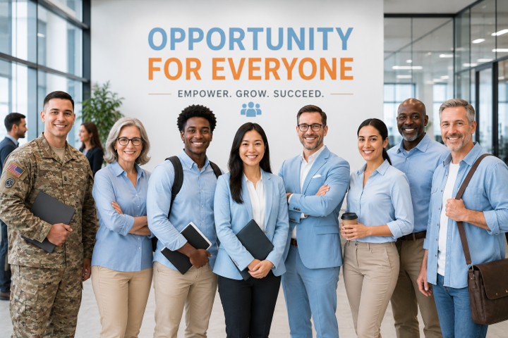 Group of professionals standing under “Opportunity for Everyone” banner in a bright office lobby Group of professionals standing under “Opportunity for Everyone” banner in a bright office lobby