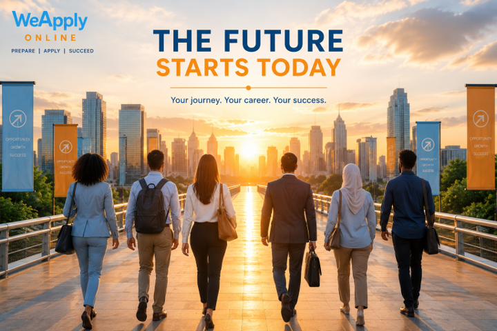Group walking toward a city skyline at sunrise with the text “The Future Starts Today” Group walking toward a city skyline at sunrise with the text “The Future Starts Today”