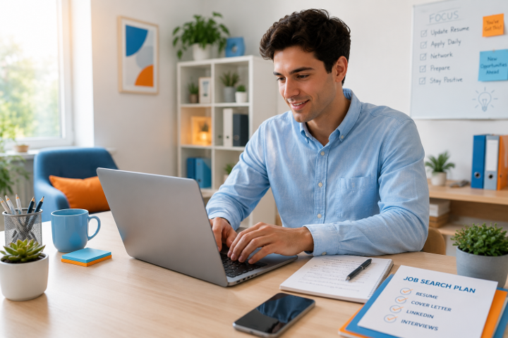 Man smiling while typing on a laptop at a bright desk with notes, coffee mug, and phone nearby Man smiling while typing on a laptop at a bright desk with notes, coffee mug, and phone nearby