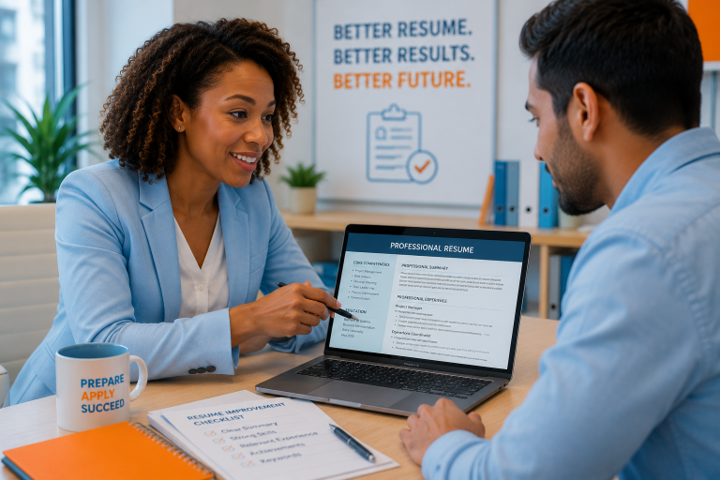 Two people in an office discussing a laptop and documents with “Better Resume. Better Results. Better Future.” poster nearby Two people in an office discussing a laptop and documents with “Better Resume. Better Results. Better Future.” poster nearby