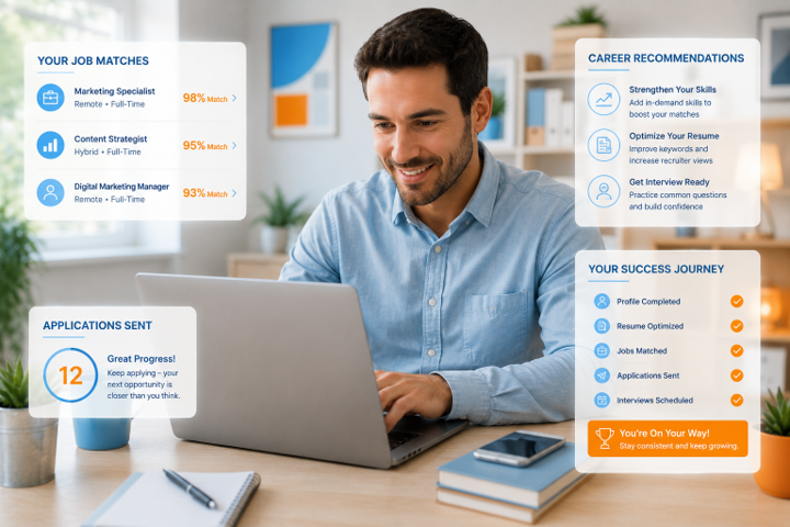 Man using laptop with career and job match dashboard overlays in a bright office setting Man using laptop with career and job match dashboard overlays in a bright office setting