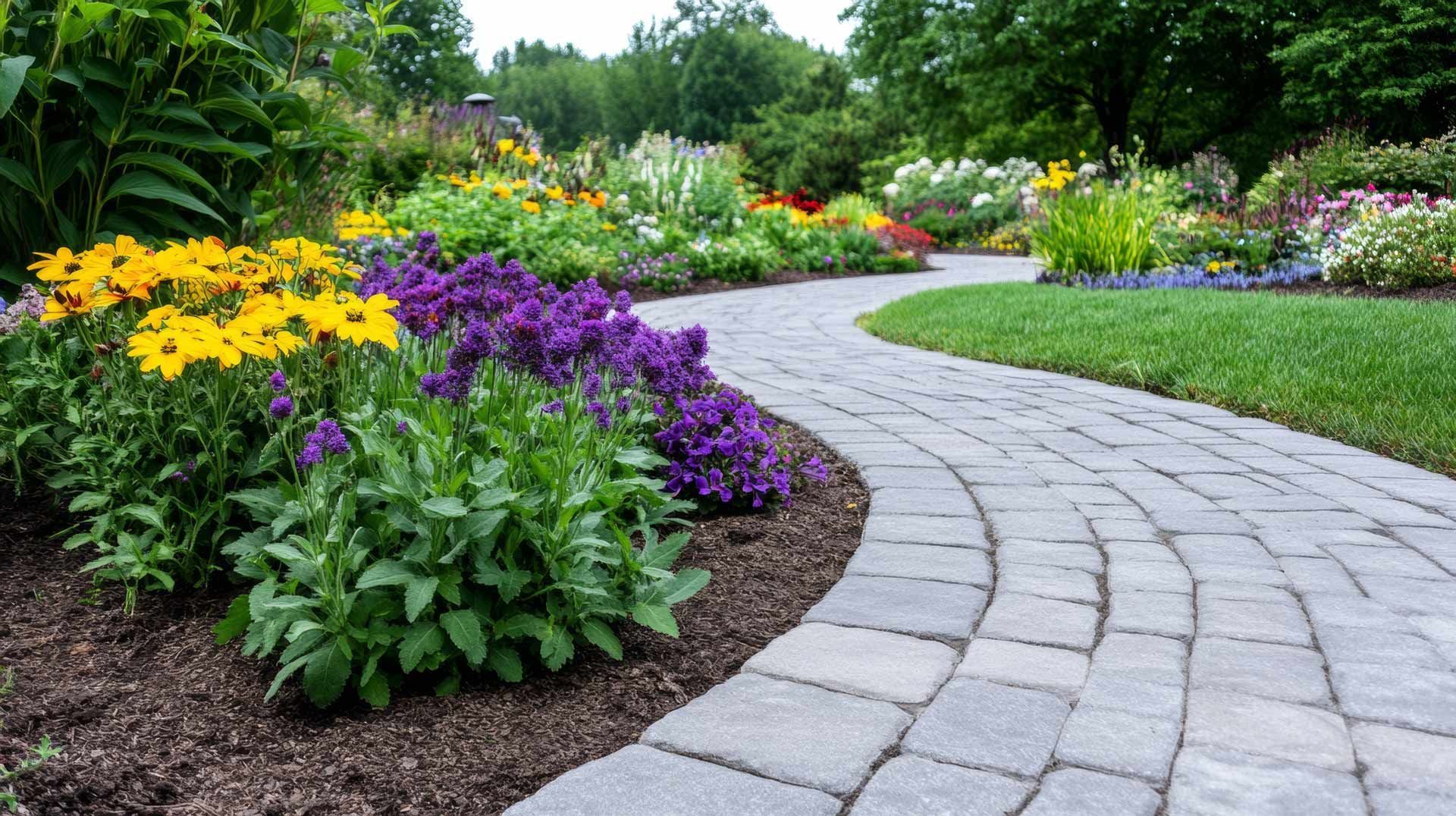 Curved stone path through a colorful flower garden with yellow and purple blooms and green shrubs