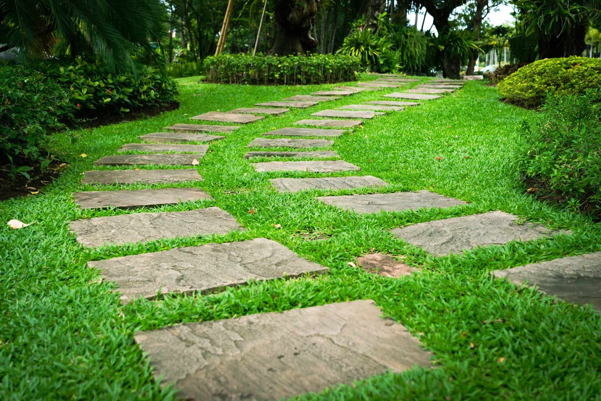 Curving stone path through a lush green garden with trees and grass