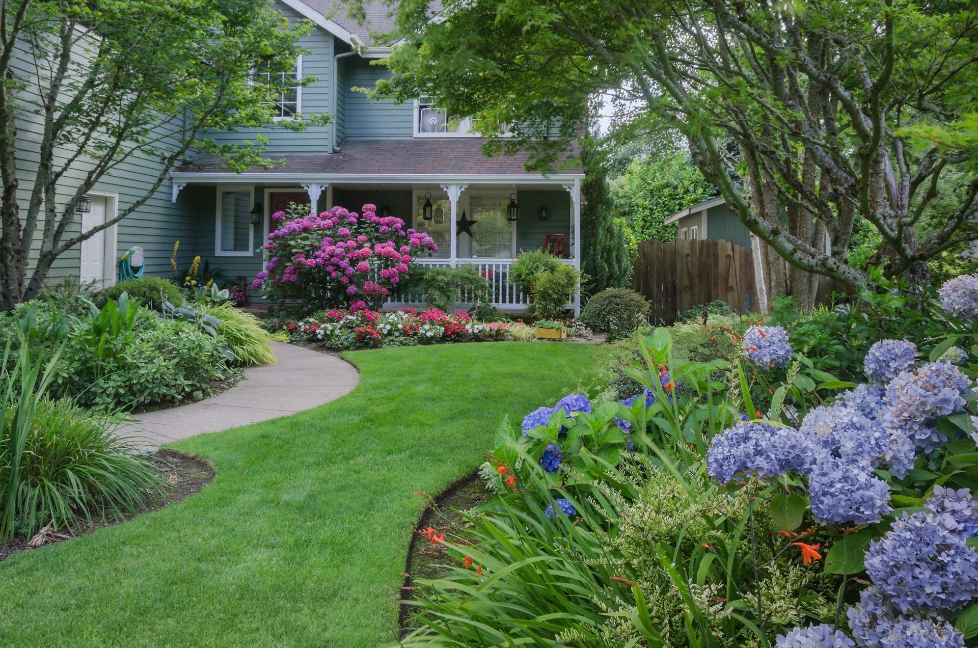 Lush garden path leading to a house porch, with blooming flowers and dense green shrubs.