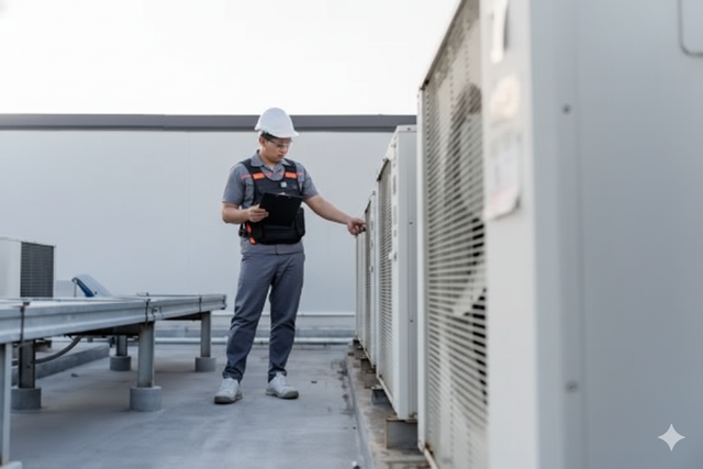 HVAC technician in gray uniform and hard hat inspecting rooftop air conditioning units, holding a tablet.