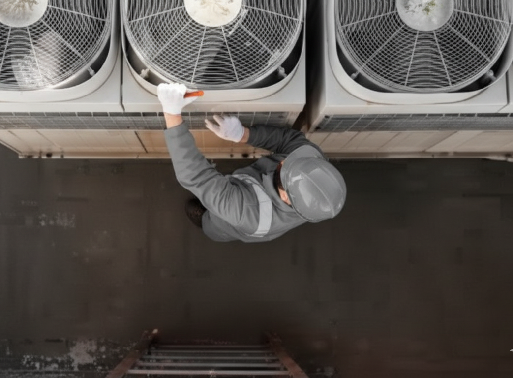 Person in gray work clothes checks HVAC units on a rooftop.