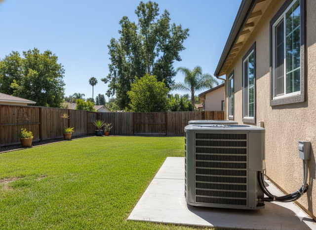 Air conditioning unit on a concrete pad next to a beige house with a green lawn and wooden fence in the backyard.
