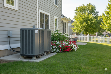 Two air conditioning units on a concrete pad next to a house with flowers and a white picket fence.