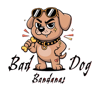 Cartoon bulldog in goggles with a spiked collar and bat, text reads &ldquo;Bad Dog Bandana&rdquo;