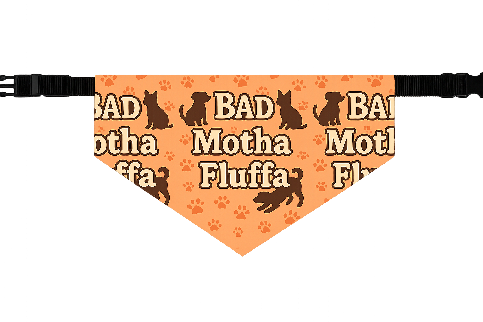 Orange bandana with black “Bad Motha Fluffa” text and dog paw prints, clipped horizontally.