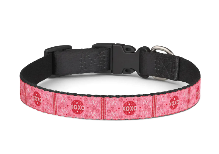 Pink patterned dog collar with black buckle and metal ring