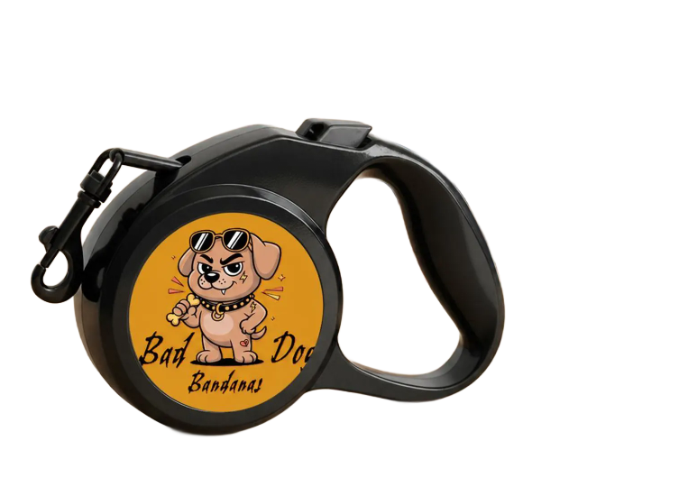 Black retractable dog leash with a cartoon dog logo on the handle