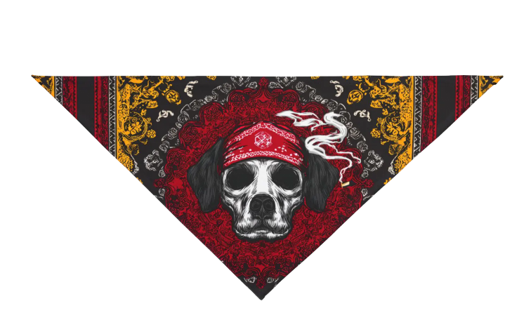 Skull with red bandana on a dark patterned triangular bandana, red, black, and gold accents