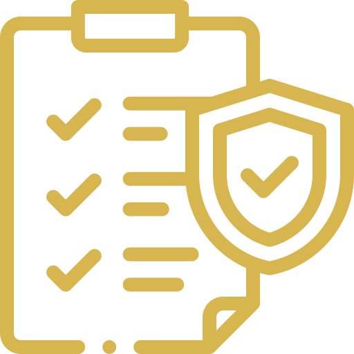 A clipboard with a shield and a check mark on it.