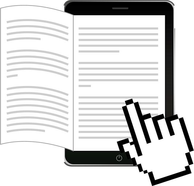 A hand is pointing at an open book on a tablet.