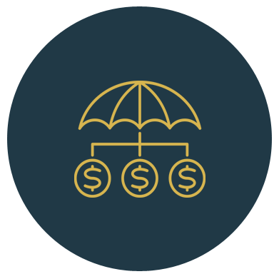 A line drawing of an umbrella with three coins hanging from it.