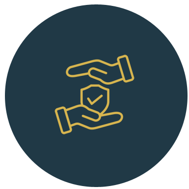 Two hands holding a shield with a check mark on it in a circle.