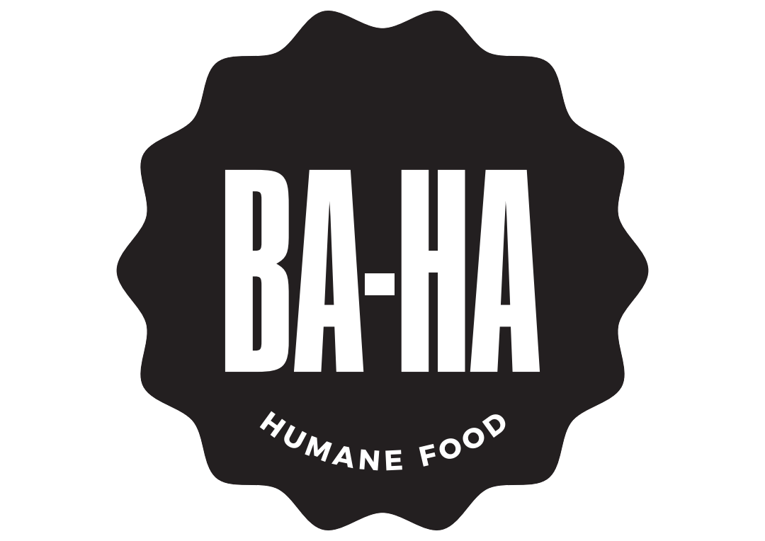A black and white logo for ba-ha humane food